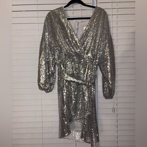 Anthropologie Silver Sequin Plus Size Wrap Dress